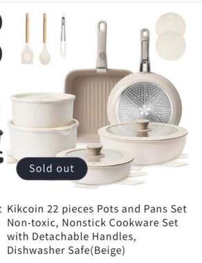 Kikcoin 22-Piece Nonstick Cookware Set with Detachable Handles, Beige